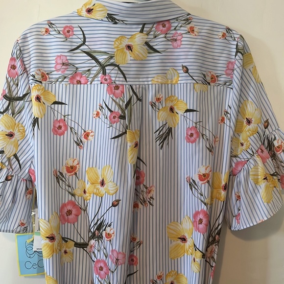 Button-up floral dress, flutter sleeves, tie-waist, collar, NWT, CeCe size 8 - Picture 4 of 9